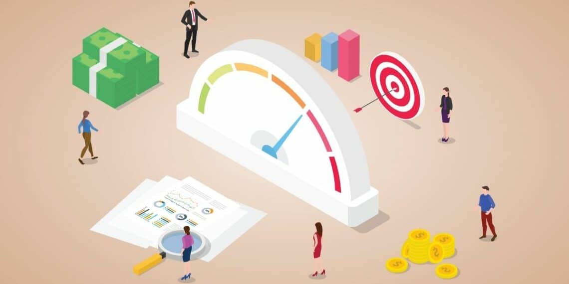 1200 234 Credit Rating Score With Financial Meter With Money Goals Icon With Modern Isometric Flat Style