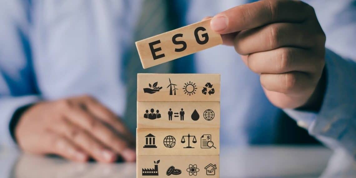 1200 Businessman With Wooden Block Hand Esg Icon Concept Environmental Social Governance Sustainable Ethical Business Networ