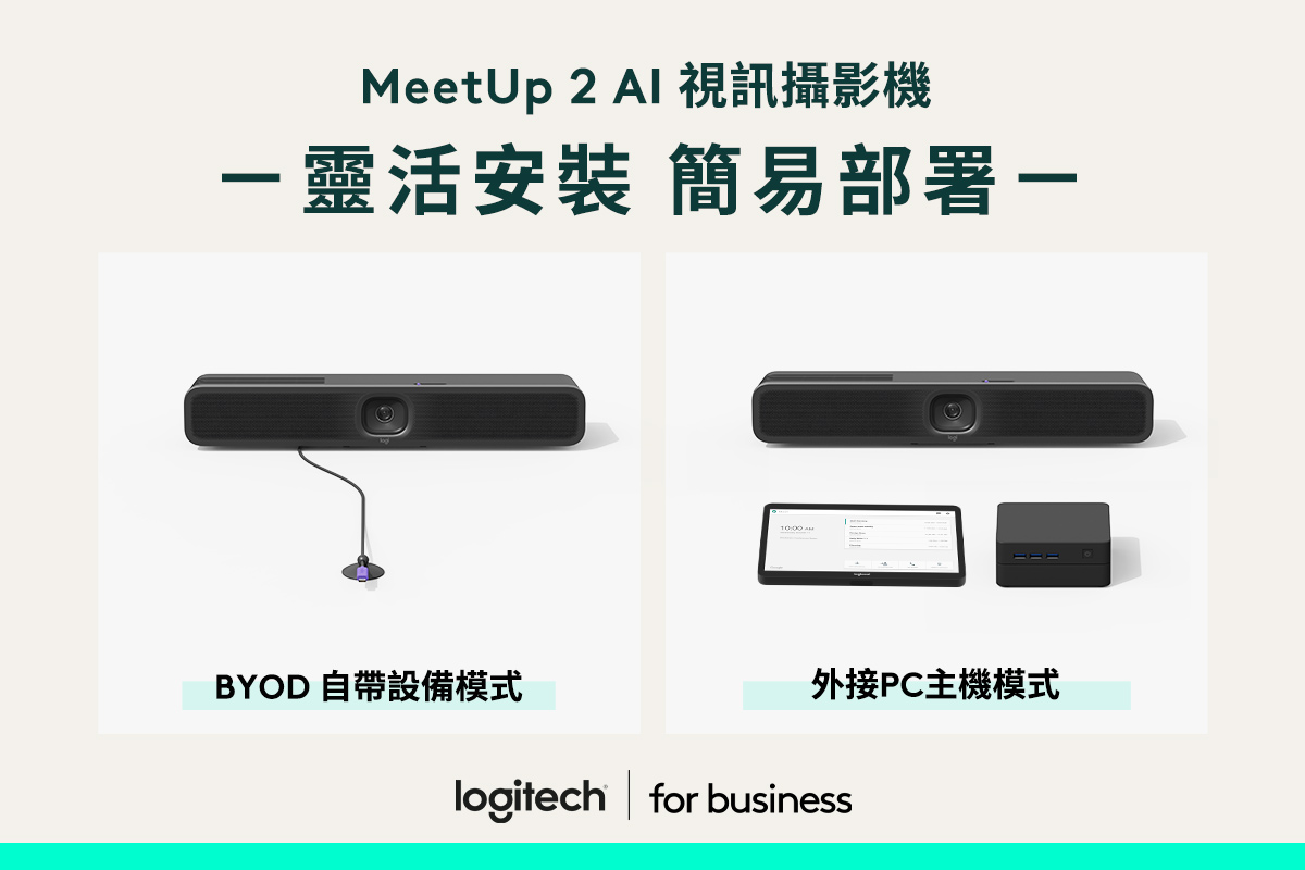 MeetUp 2 支援 BYOD 自帶設備和外接 PC 主機模式，可透過主動式 USB 延長線 (5公尺) 連接筆電，亦可採用 外接 PC 主機模式連接會議室系統，雙模部署靈活方便，輕鬆展開會議。