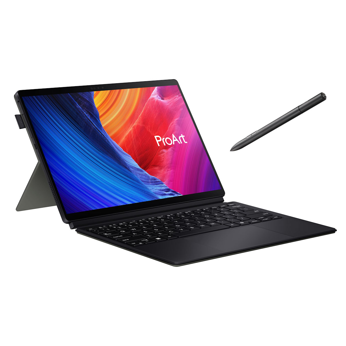 ASUS ProArt PZ13(HT5306)擁有0.85kg／9mm超輕薄機身，隨附觸控筆、可拆式鍵盤、支架保護套，一機滿足筆電與平板需求。