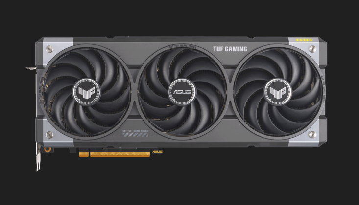 全新TUF Gaming Radeon™ RX 9070 XT／9070 OC超頻版，搭載大尺寸鰭片陣列散熱器，以及三顆11片扇葉的軸向式風扇，可提供穩定高壓氣流，透過鋁製背板的通風口，還能迅速將熱氣導入機殼氣流通道，冷卻效果絕佳